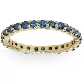 1 1/2ct Round Treated Blue Genuine Diamond Eternity Wedding Ring 14K Yellow Gold