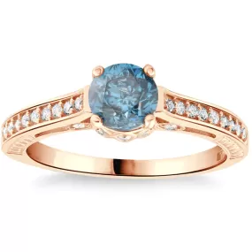 1 1/4Ct Blue Diamond Vintage Engagement Ring 14k Rose Gold