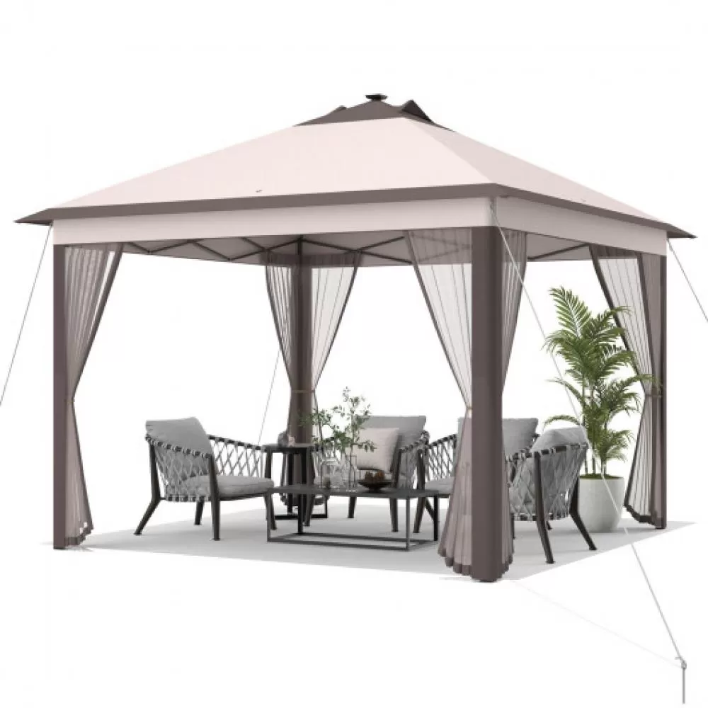 11 x 11 Feet Portable Outdoor Patio Folding Gazebo with Led Lights -Beige