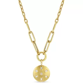 14k Baguette & Round Diamond Brushed Gold Domed Disc Mixed Chain Necklace