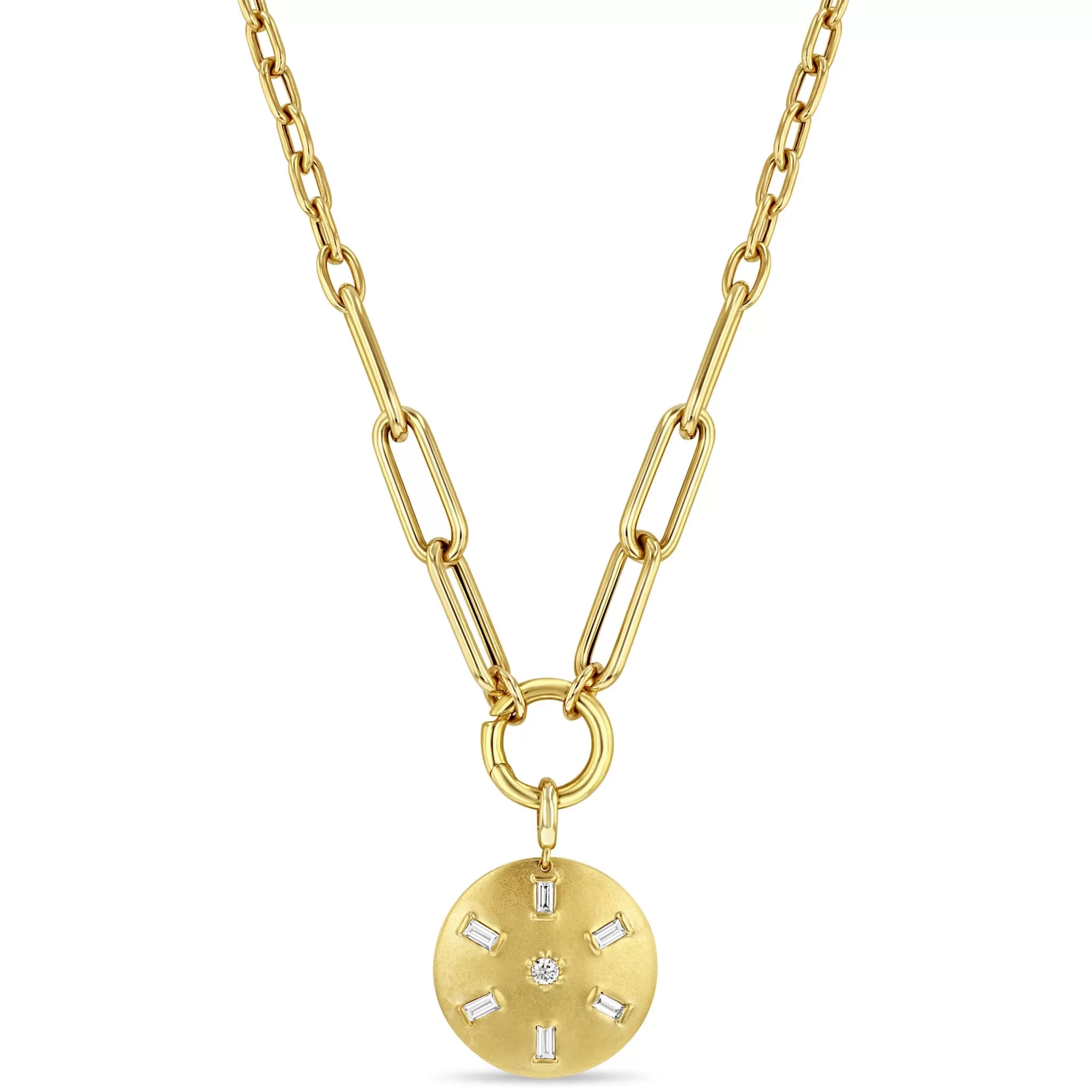 14k Baguette & Round Diamond Brushed Gold Domed Disc Mixed Chain Necklace