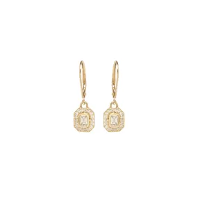 14k Emerald Cut Diamond Halo Drop Earrings