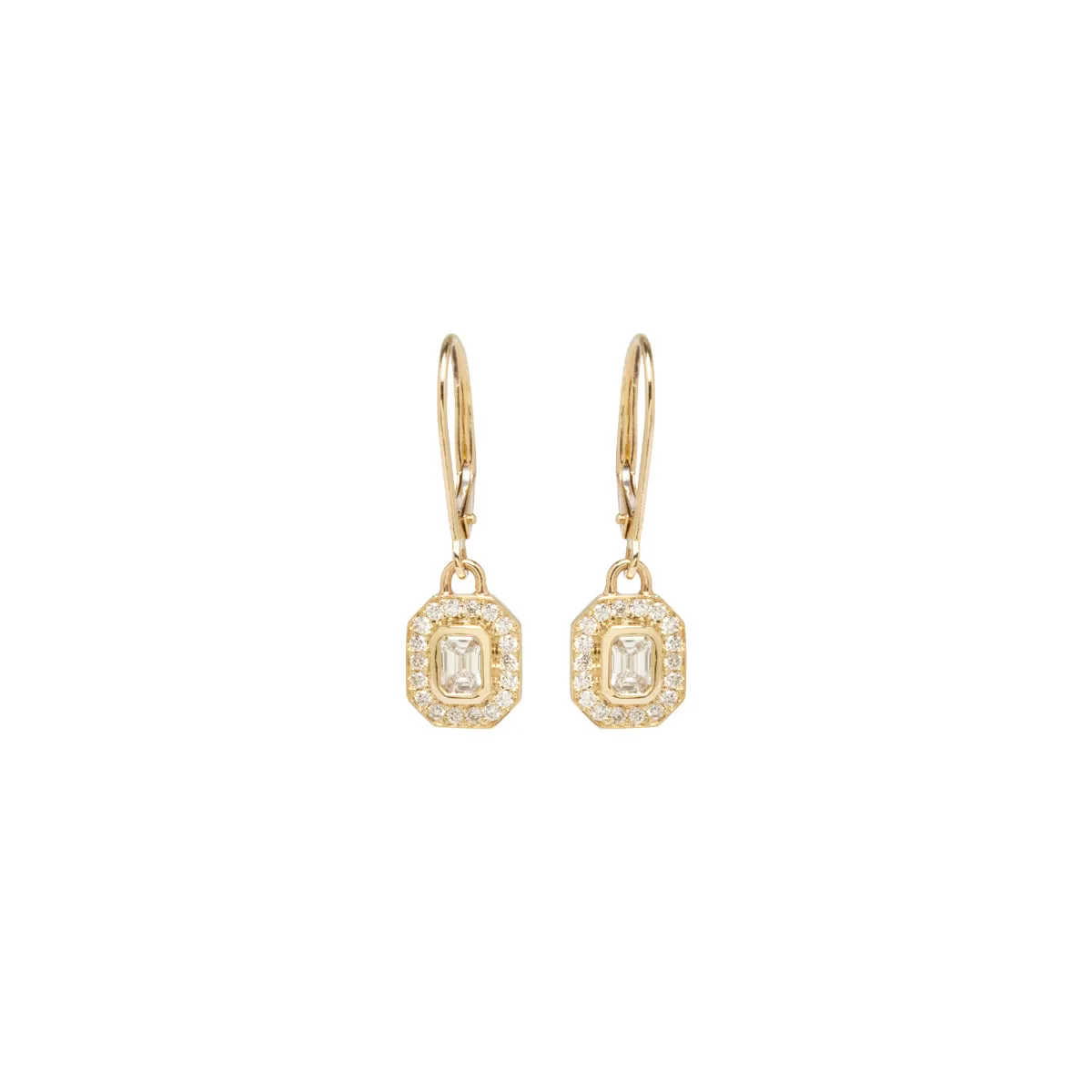 14k Emerald Cut Diamond Halo Drop Earrings