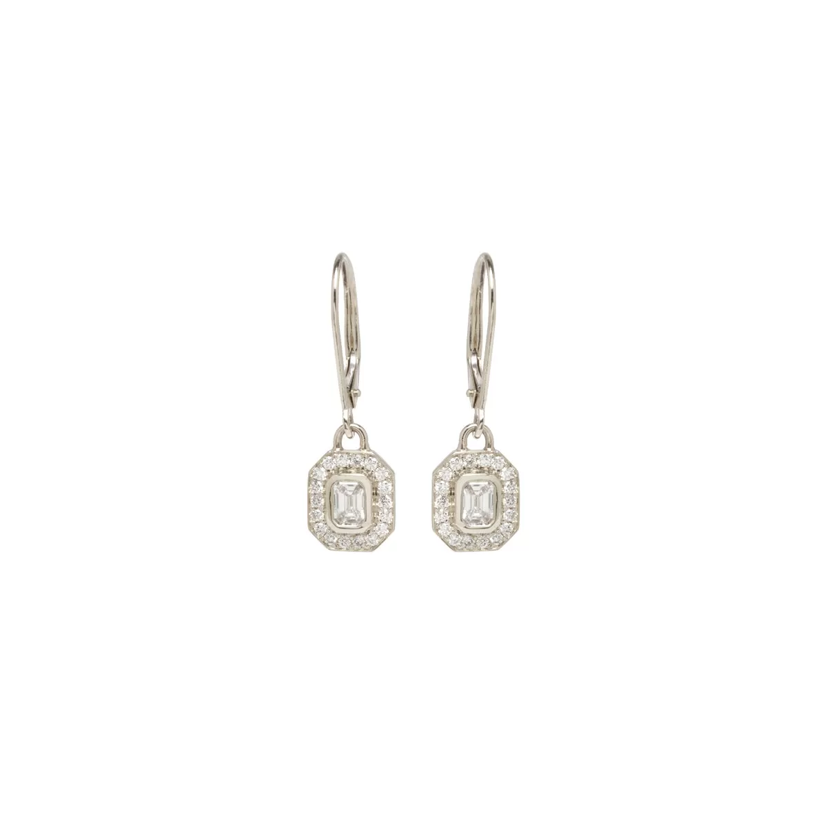 14k Emerald Cut Diamond Halo Drop Earrings