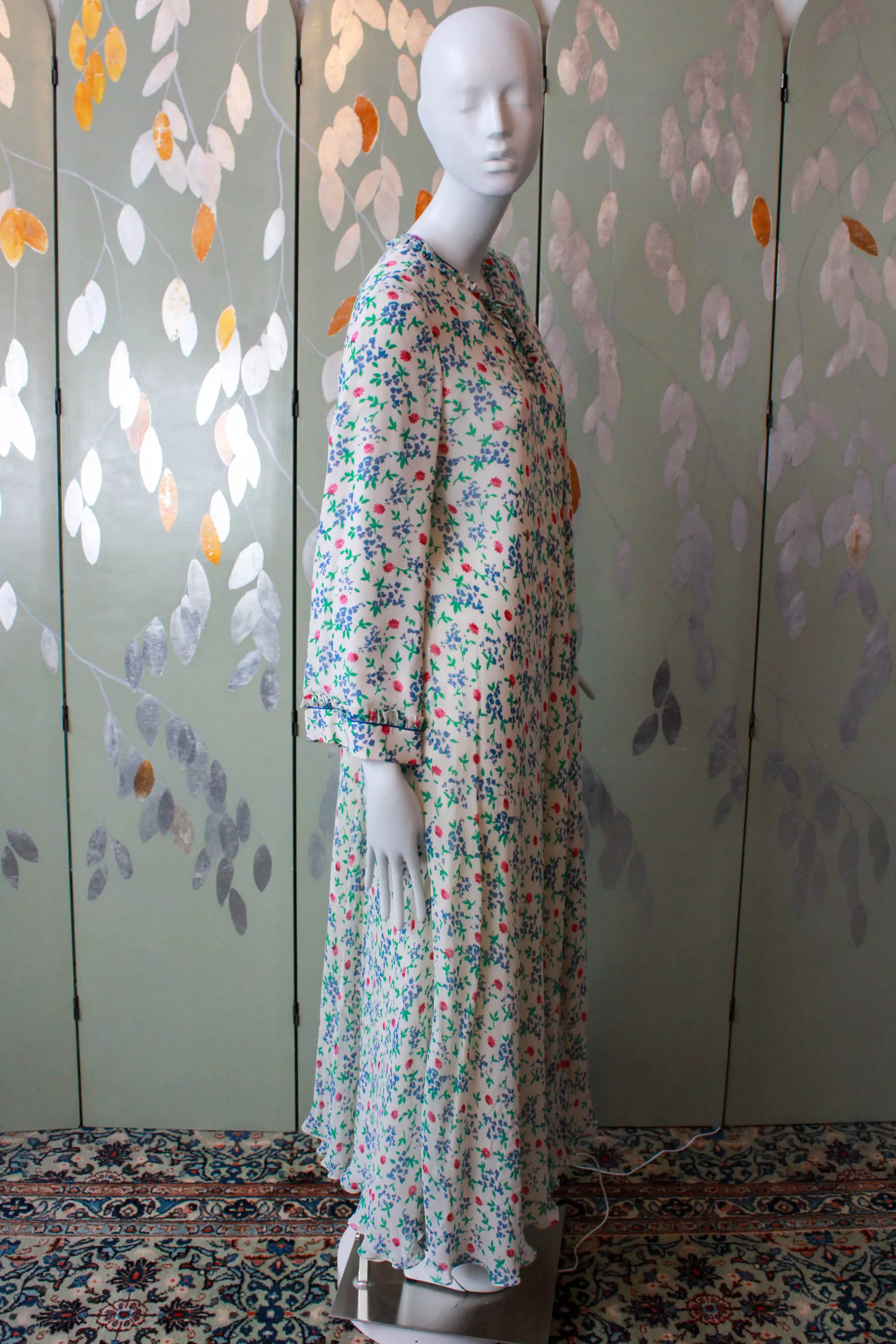 1970s Floral Print Silk Bell Sleeve Maxi Dress by Leron, Medium