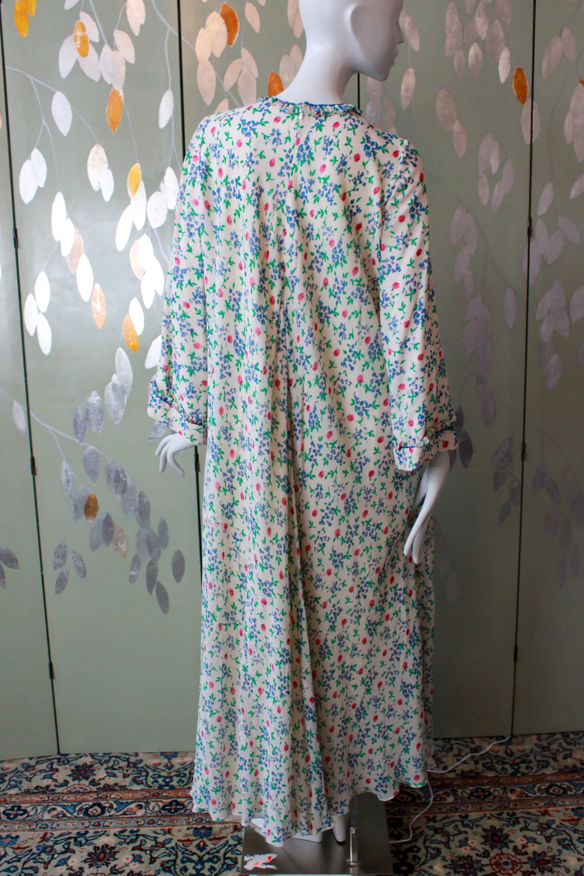 1970s Floral Print Silk Bell Sleeve Maxi Dress by Leron, Medium