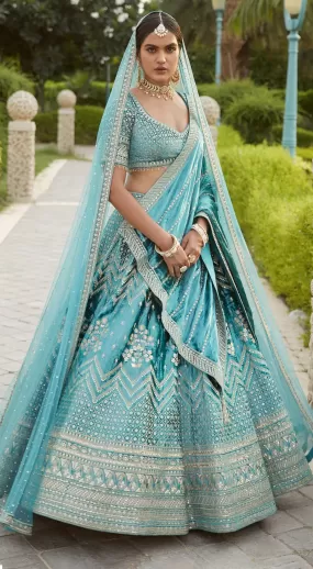 310169 Sea Blue Embroidered Designer Lehenga with Dupatta