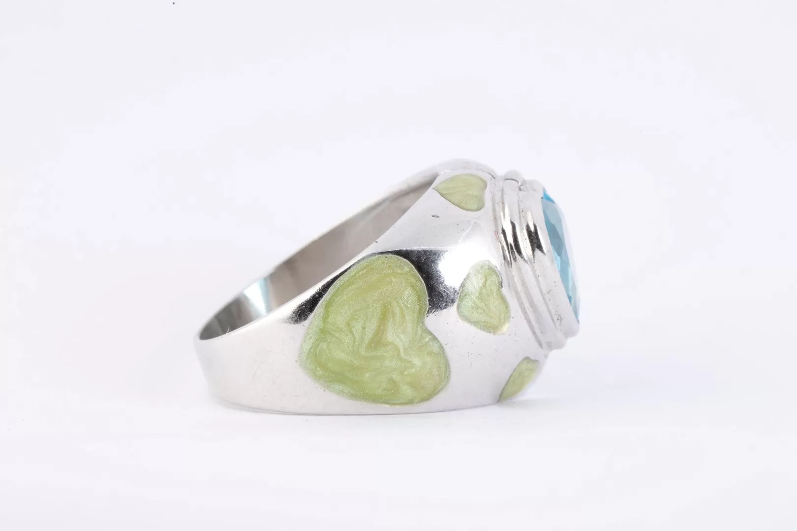 925 Silver 2.36tcw Blue Stone & Green Enamel Heart Ring Size 9 (7.38g.)