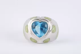 925 Silver 2.36tcw Blue Stone & Green Enamel Heart Ring Size 9 (7.38g.)