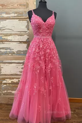 A Line V Neck Beaded Hot Pink Lace Long Prom Dress, Hot Pink Lace Formal Graduation Evening Dress