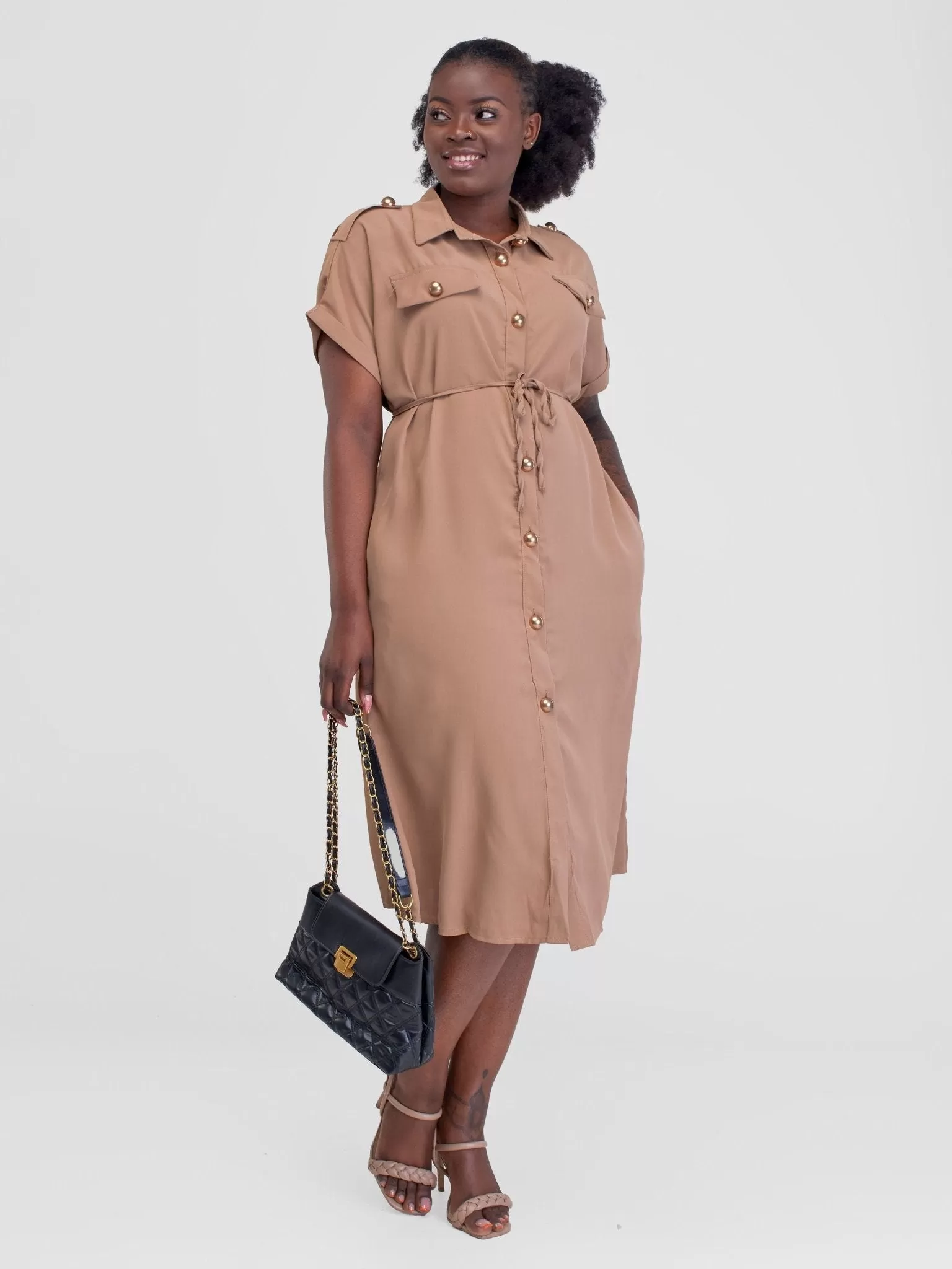 Alara Button Down  S/Sleeved With Double Pockets Cargo Like Dress - Brown