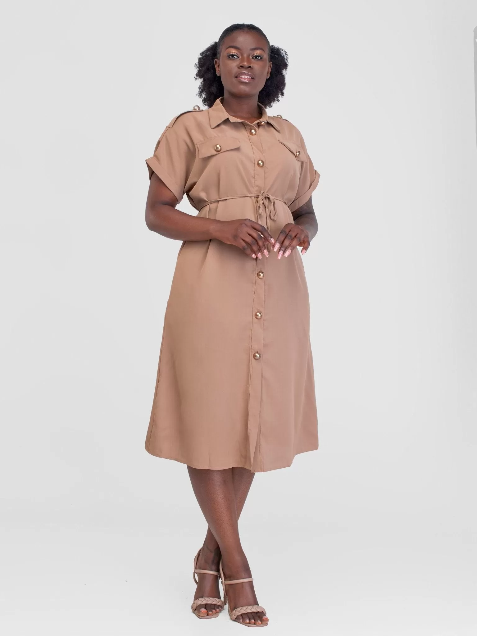 Alara Button Down  S/Sleeved With Double Pockets Cargo Like Dress - Brown