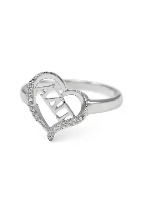 Alpha Delta Pi Sterling Silver Heart Ring with simulated diamonds