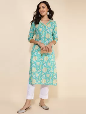 Aqua Blue Cotton Floral Printed Straight Kurta