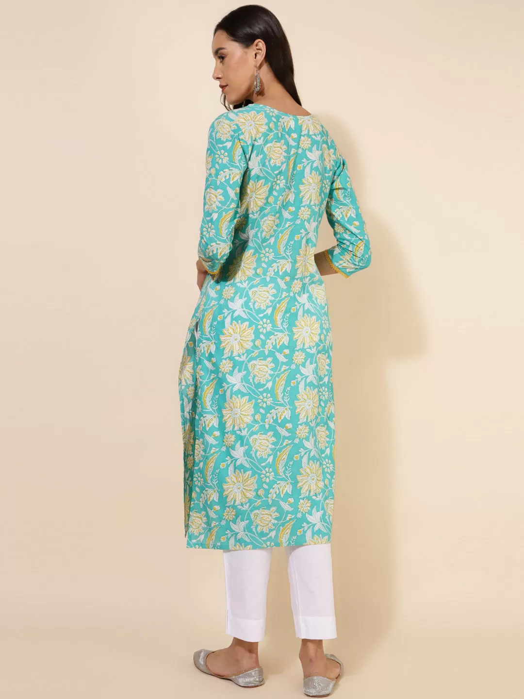 Aqua Blue Cotton Floral Printed Straight Kurta