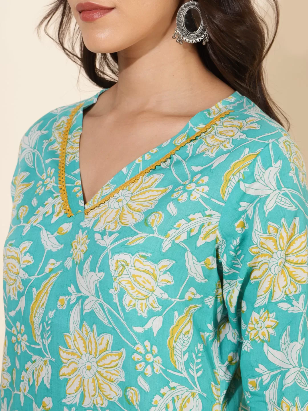 Aqua Blue Cotton Floral Printed Straight Kurta