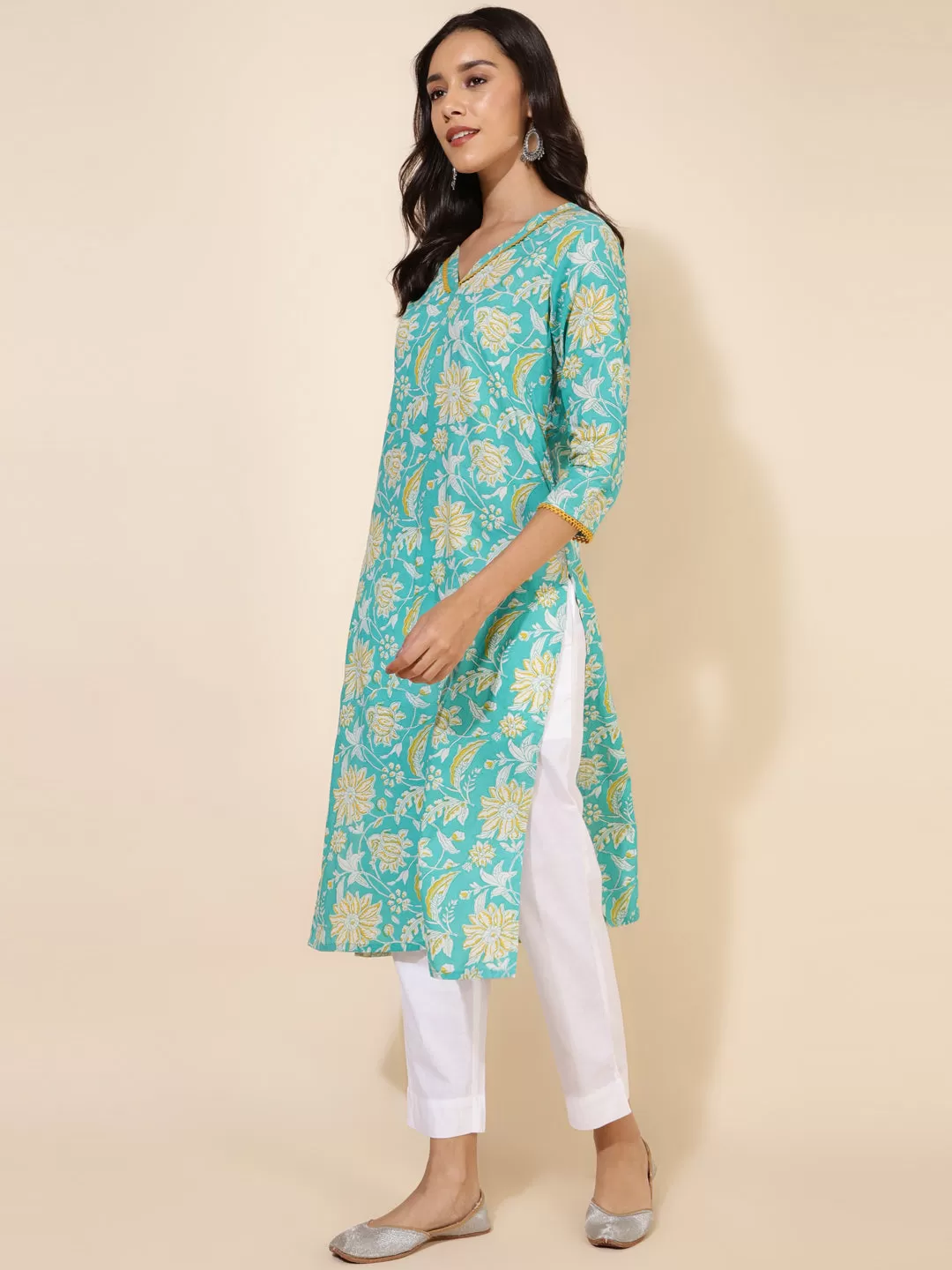 Aqua Blue Cotton Floral Printed Straight Kurta