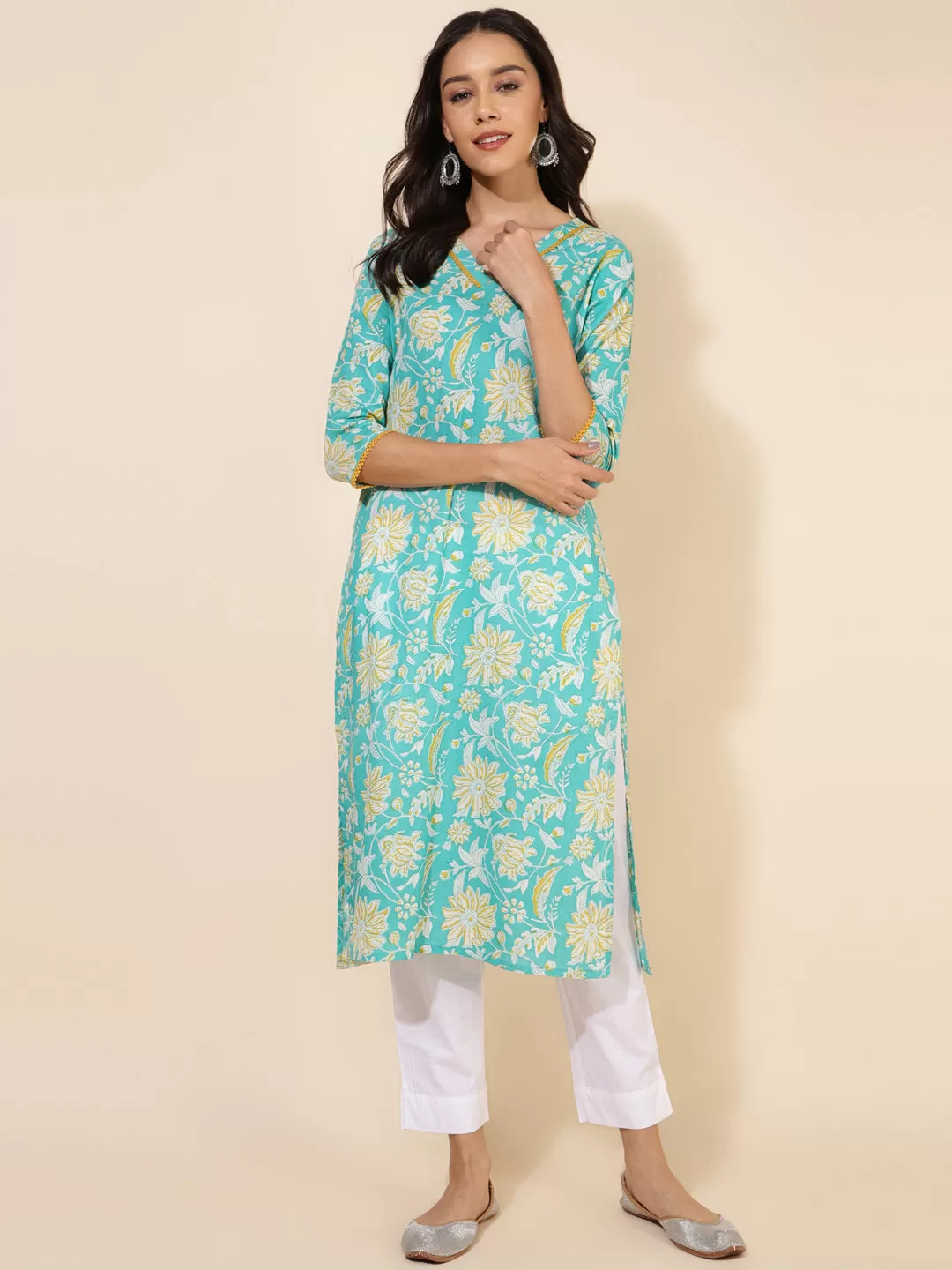 Aqua Blue Cotton Floral Printed Straight Kurta