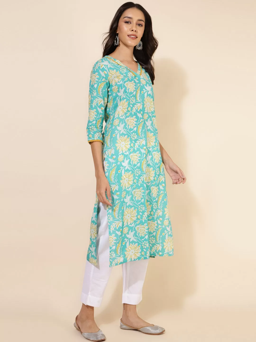 Aqua Blue Cotton Floral Printed Straight Kurta