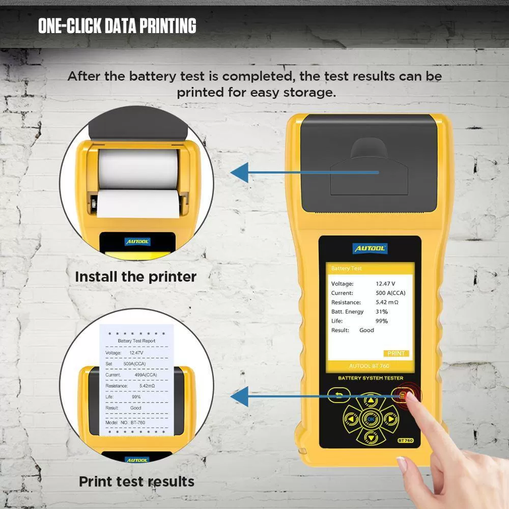 AUTOOL BT760 Car Battery Tester Analyzer 12V 24V Auto Cranking Charging Test Tool With Printer Diagnostic