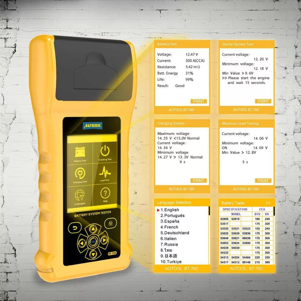 AUTOOL BT760 Car Battery Tester Analyzer 12V 24V Auto Cranking Charging Test Tool With Printer Diagnostic