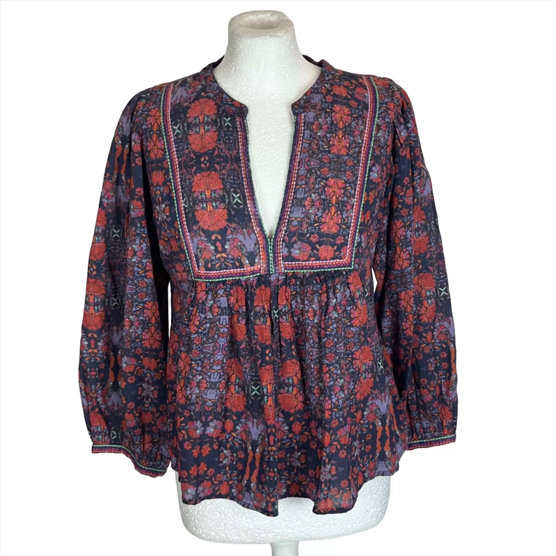 Ba&Sh Navy Floral Print Cotton Tunic Top S