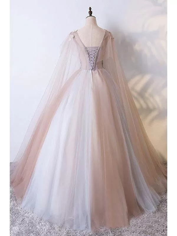 Ball Gown Vintage Prom Dress Plus Size Long Sleeve Tulle Prom Dress #ER422