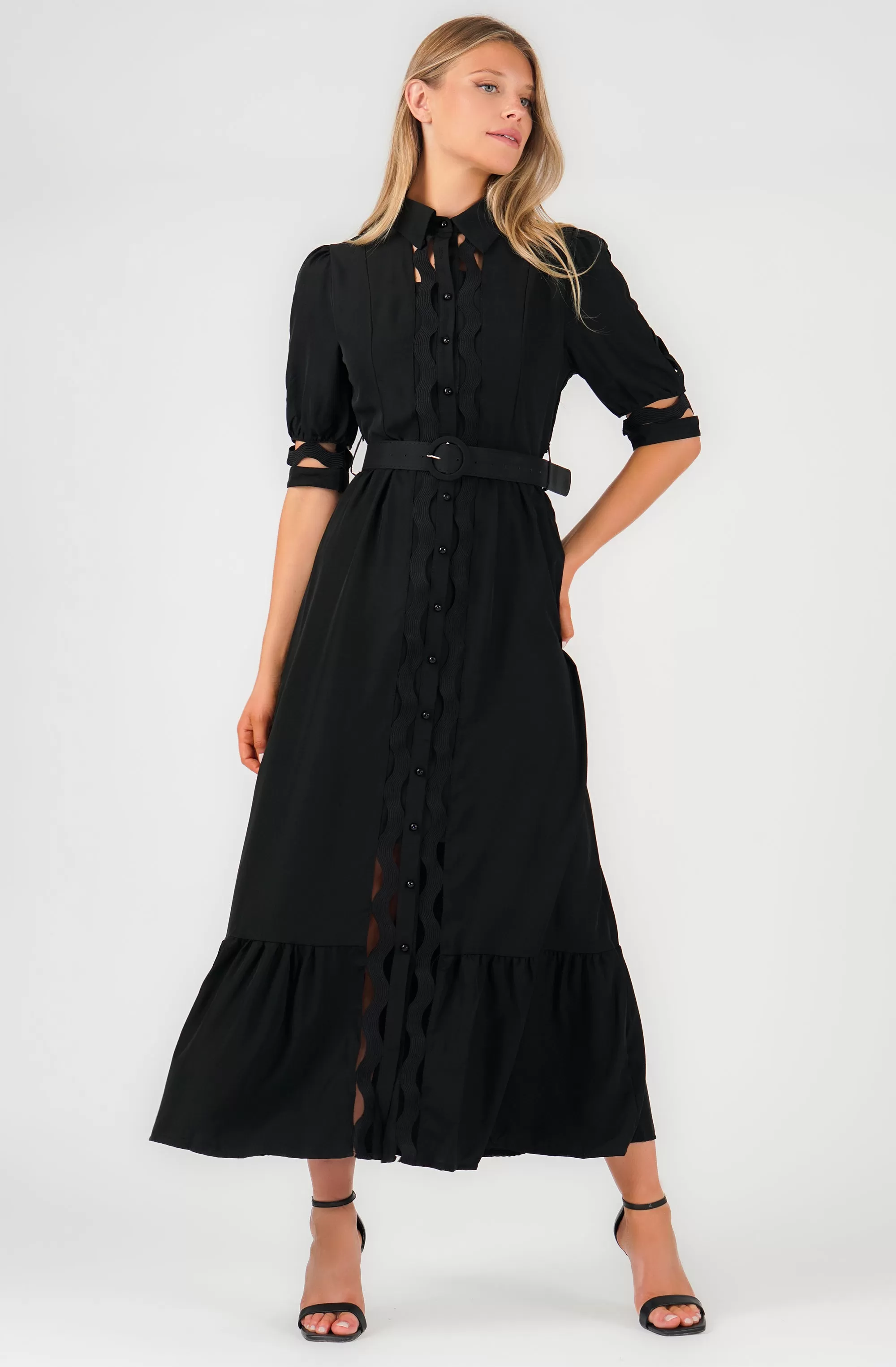 Belted Buttoned Maxi Shirt Dress with Cut-out Details