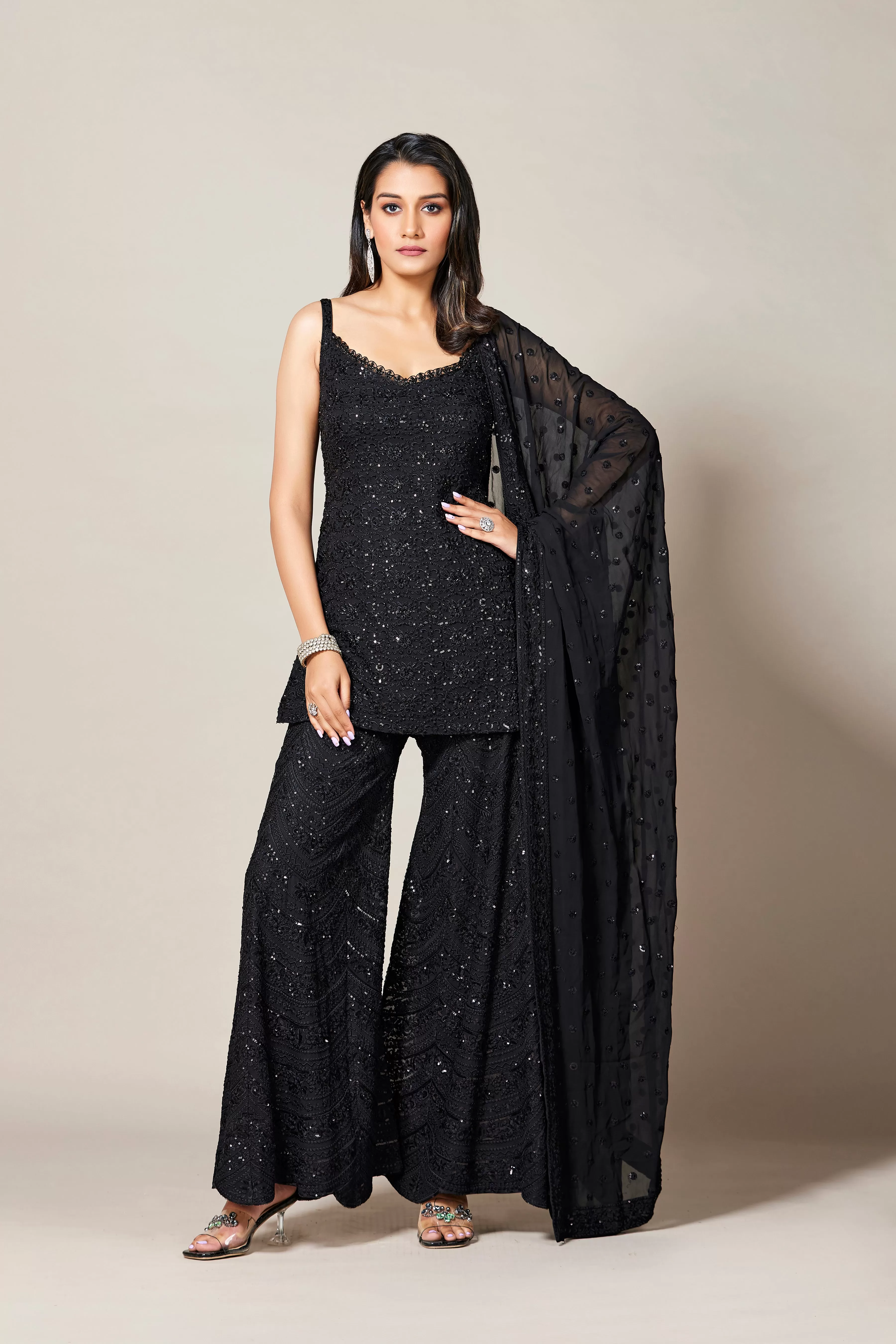 Black Embroidered Premium Georgette Silk Palazzo Set