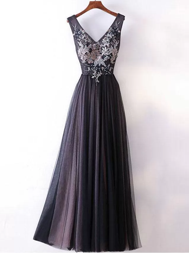 Black Lace Tulle Prom Dress Beautiful  Cheap Long Prom Dress #ER139