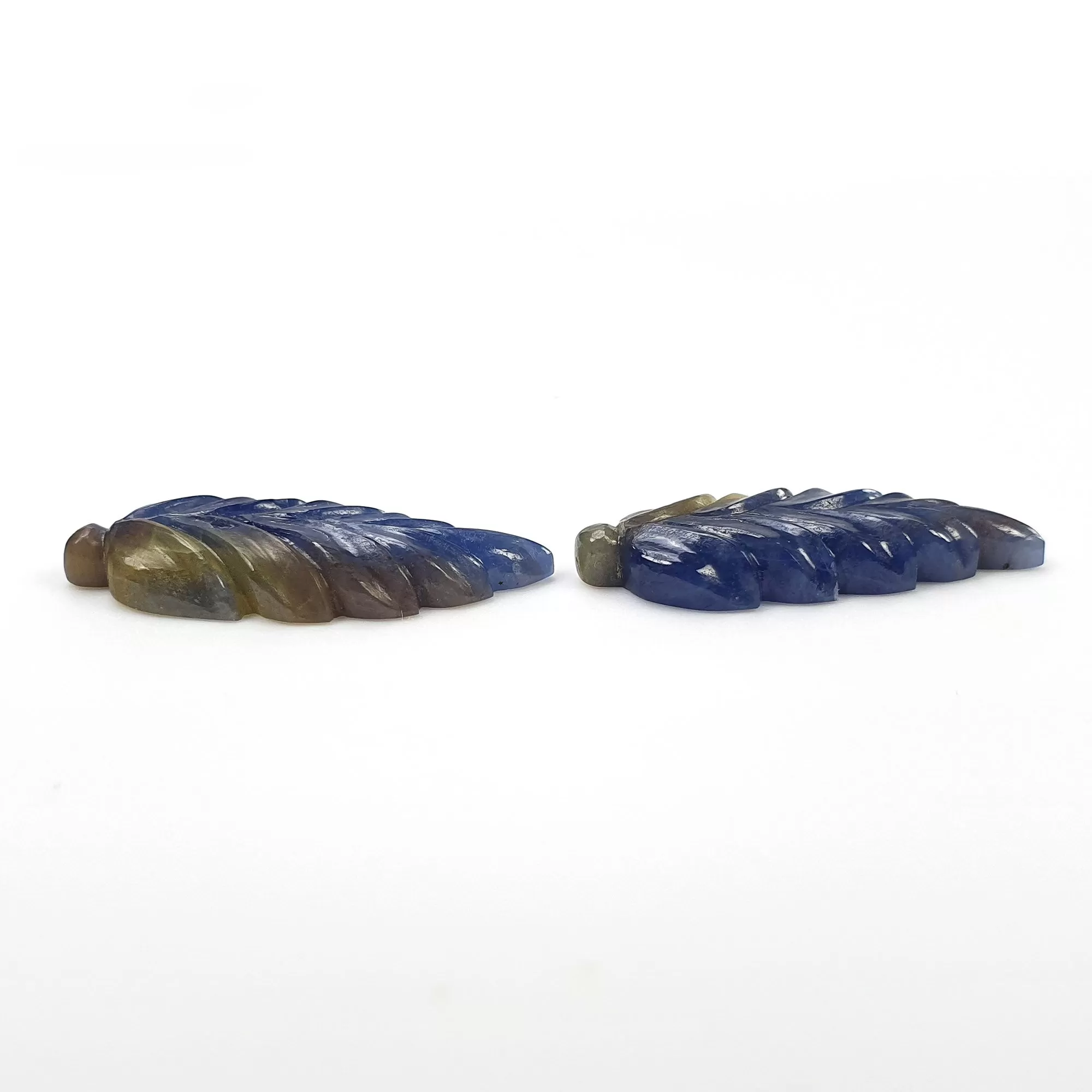 BLUE & Yellow SAPPHIRE Gemstone Carving : 22.85cts Natural Untreated Bi-Color Multi Sapphire Hand Carved Leaves 22*10mm Pair (With Video)