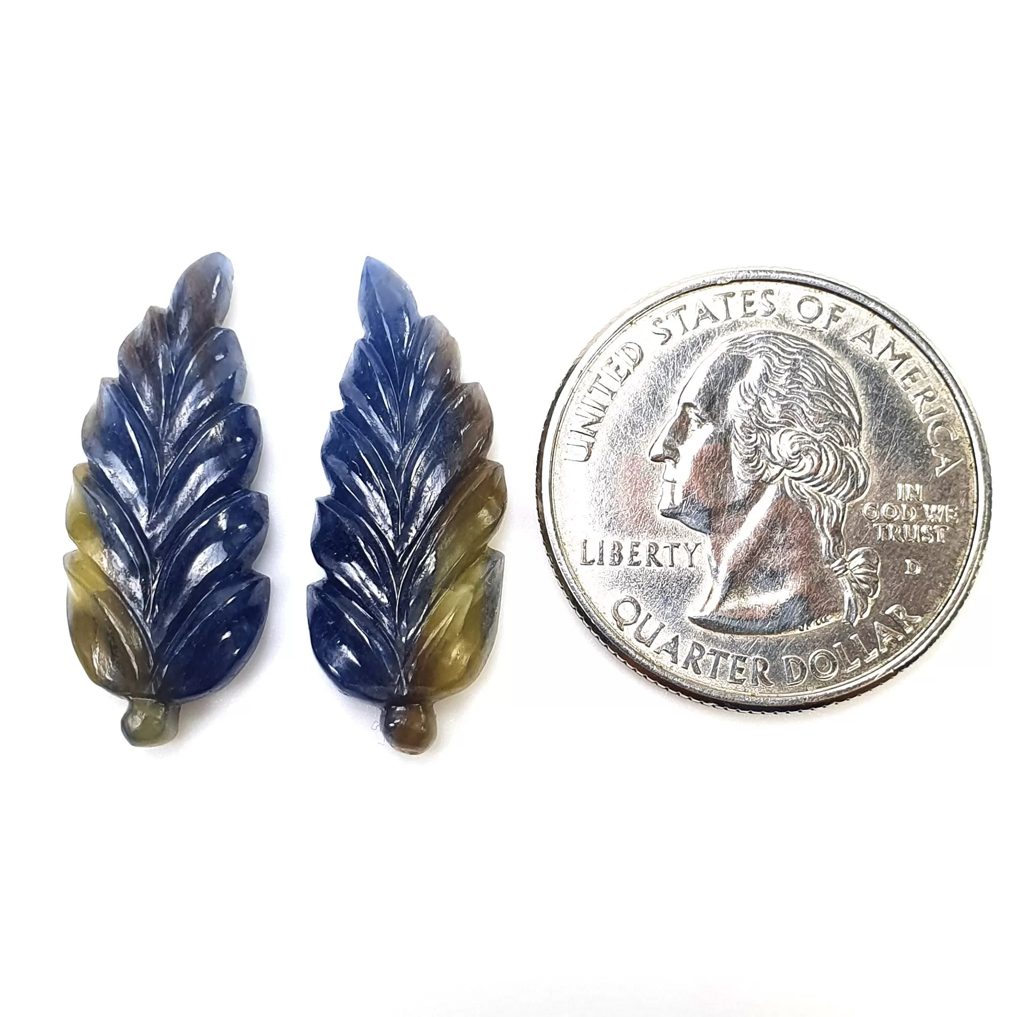 BLUE & Yellow SAPPHIRE Gemstone Carving : 22.85cts Natural Untreated Bi-Color Multi Sapphire Hand Carved Leaves 22*10mm Pair (With Video)