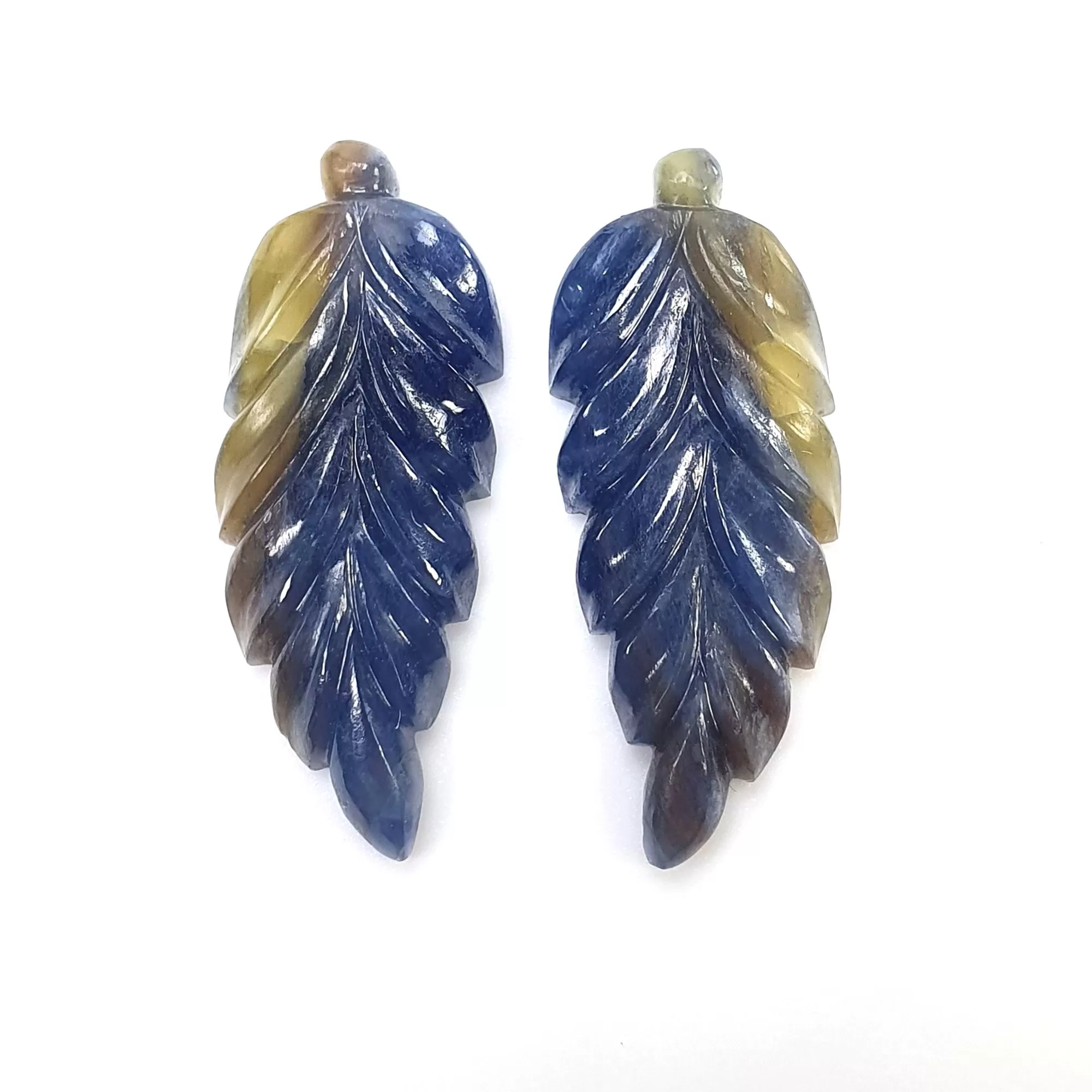 BLUE & Yellow SAPPHIRE Gemstone Carving : 22.85cts Natural Untreated Bi-Color Multi Sapphire Hand Carved Leaves 22*10mm Pair (With Video)