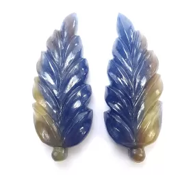 BLUE & Yellow SAPPHIRE Gemstone Carving : 22.85cts Natural Untreated Bi-Color Multi Sapphire Hand Carved Leaves 22*10mm Pair (With Video)