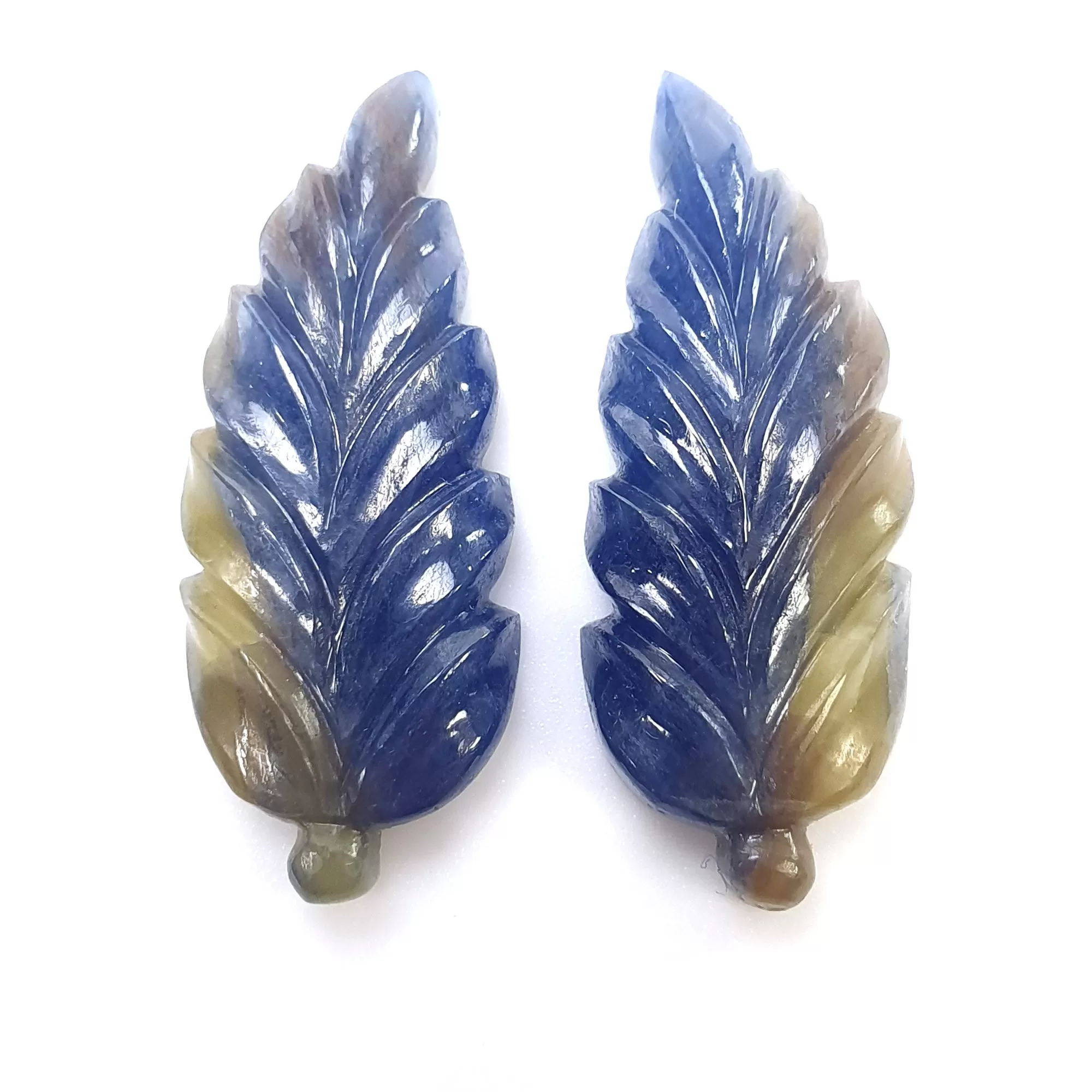 BLUE & Yellow SAPPHIRE Gemstone Carving : 22.85cts Natural Untreated Bi-Color Multi Sapphire Hand Carved Leaves 22*10mm Pair (With Video)