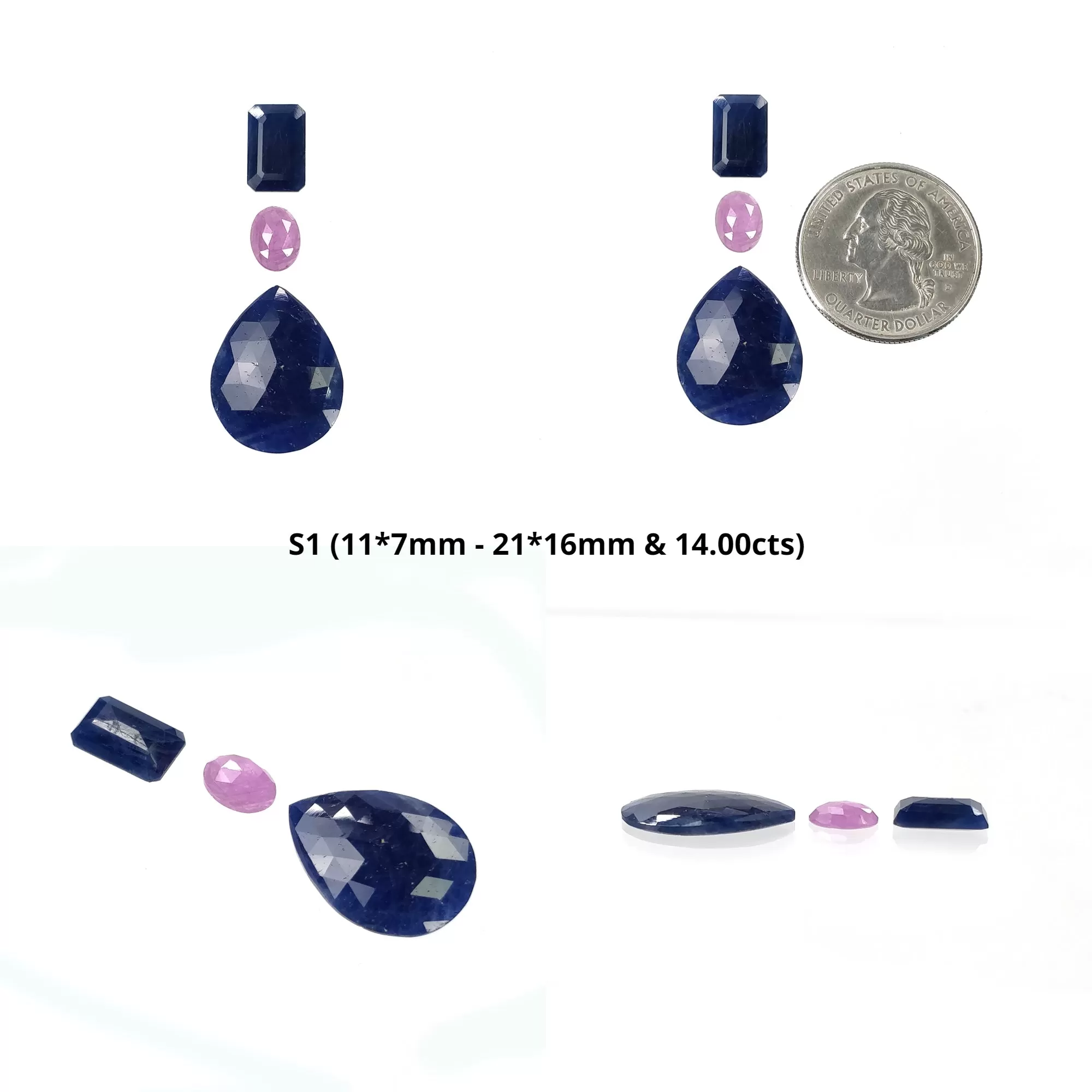 BLUE And Raspberry SAPPHIRE Gemstone Rose & Step Cut : Natural Untreated Sapphire Pear Oval Shape 3pcs