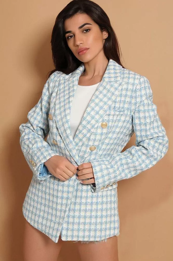 Blue Double Breasted Buckle Tweed Military Style Blazer