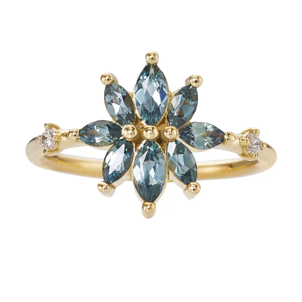 Bouquet Engagement Ring with Teal Sapphire and Diamond Petals