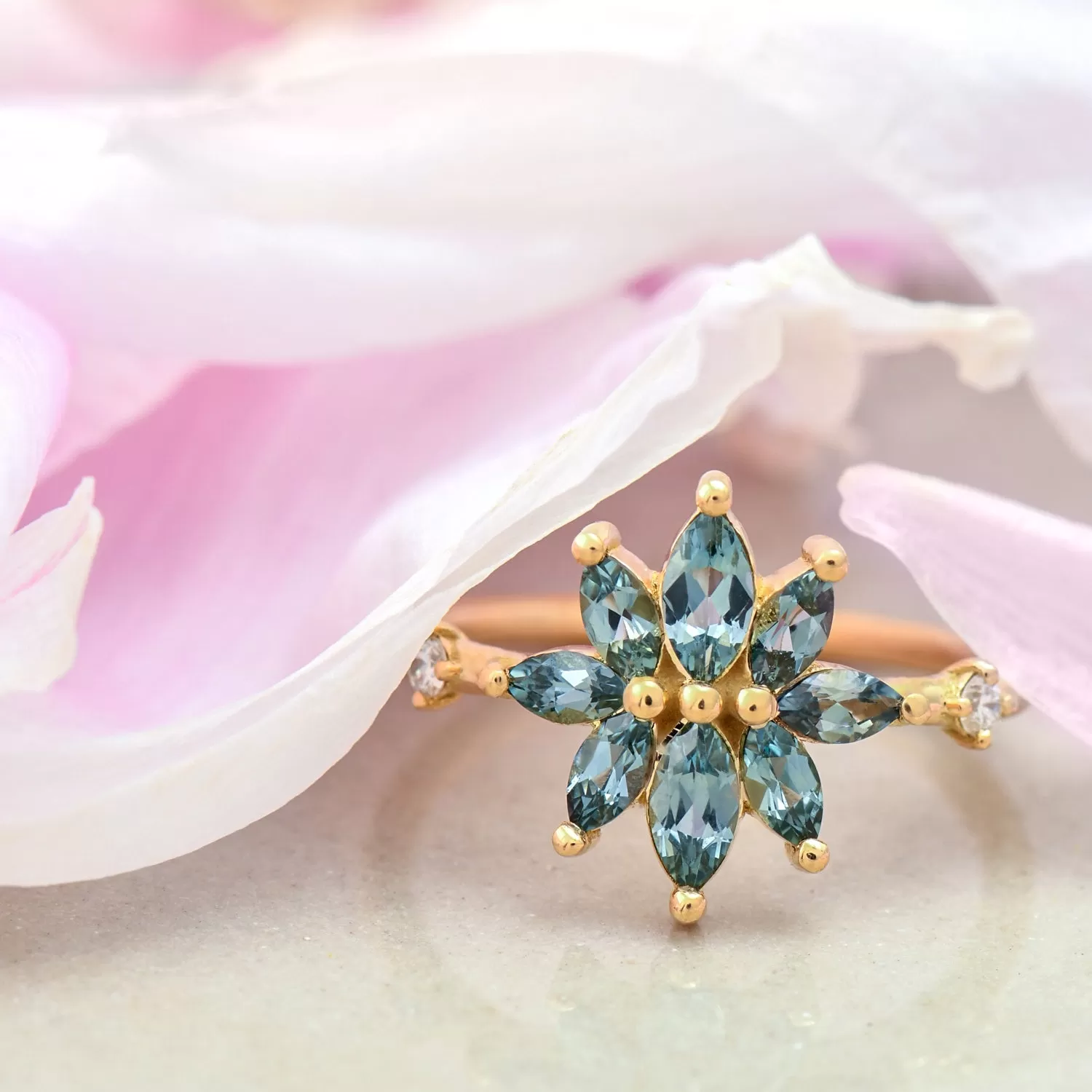 Bouquet Engagement Ring with Teal Sapphire and Diamond Petals