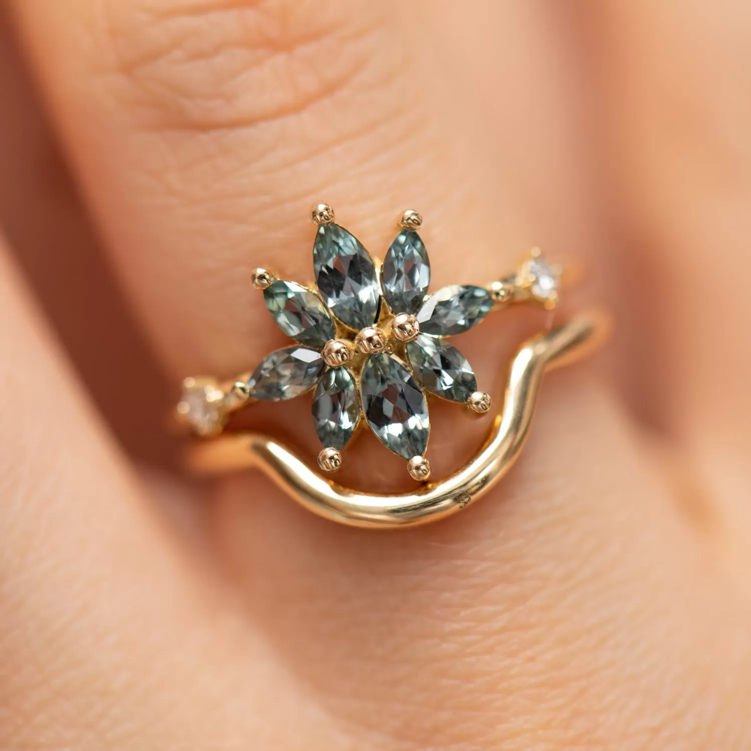 Bouquet Engagement Ring with Teal Sapphire and Diamond Petals