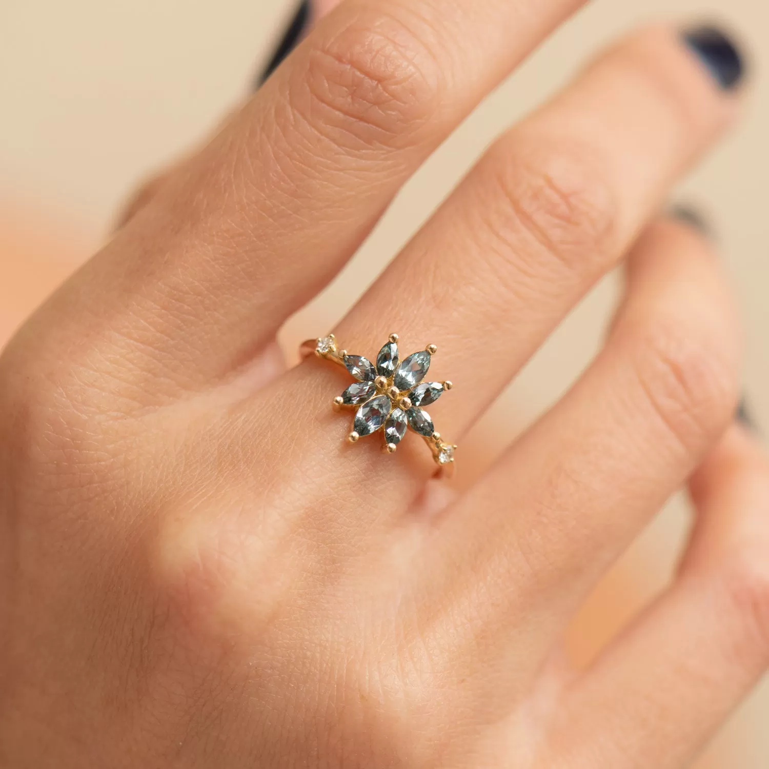 Bouquet Engagement Ring with Teal Sapphire and Diamond Petals