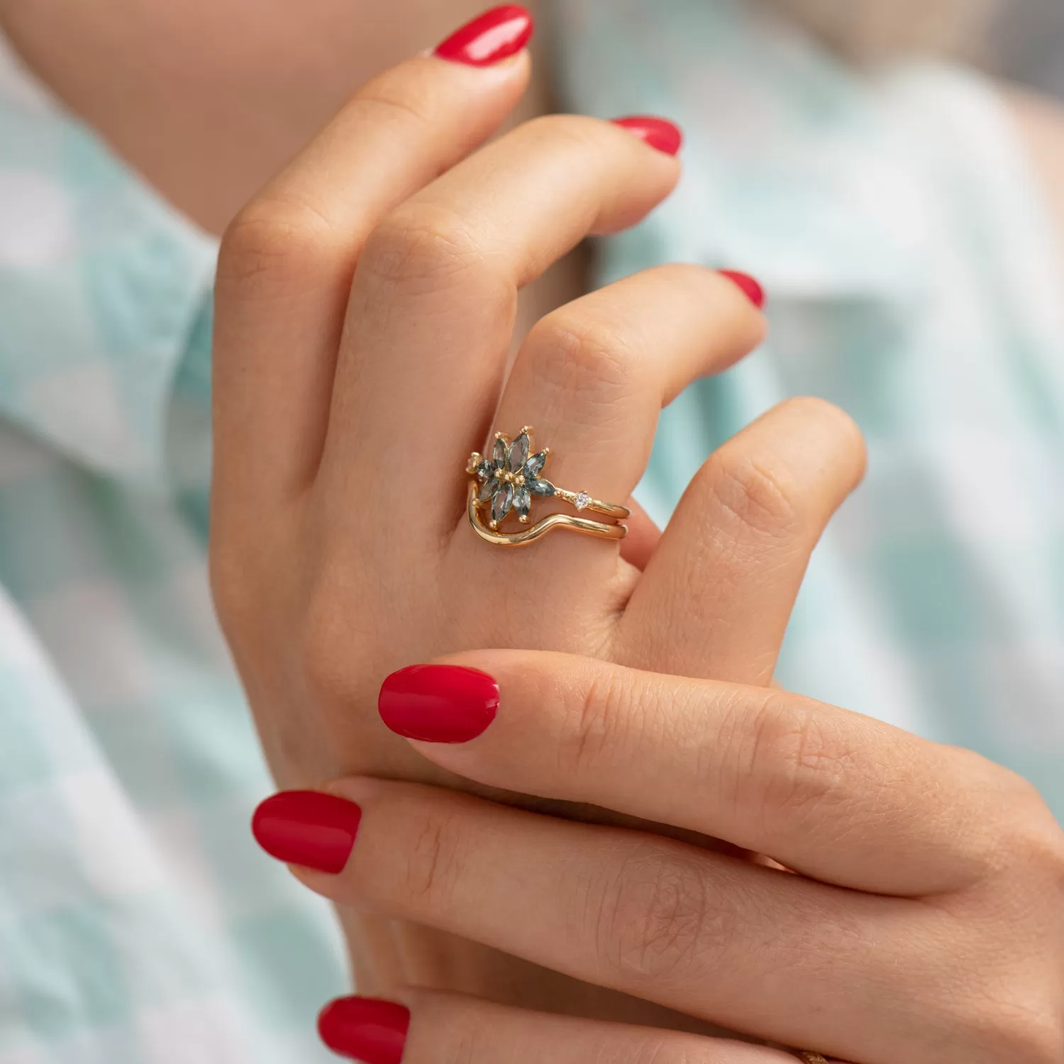 Bouquet Engagement Ring with Teal Sapphire and Diamond Petals