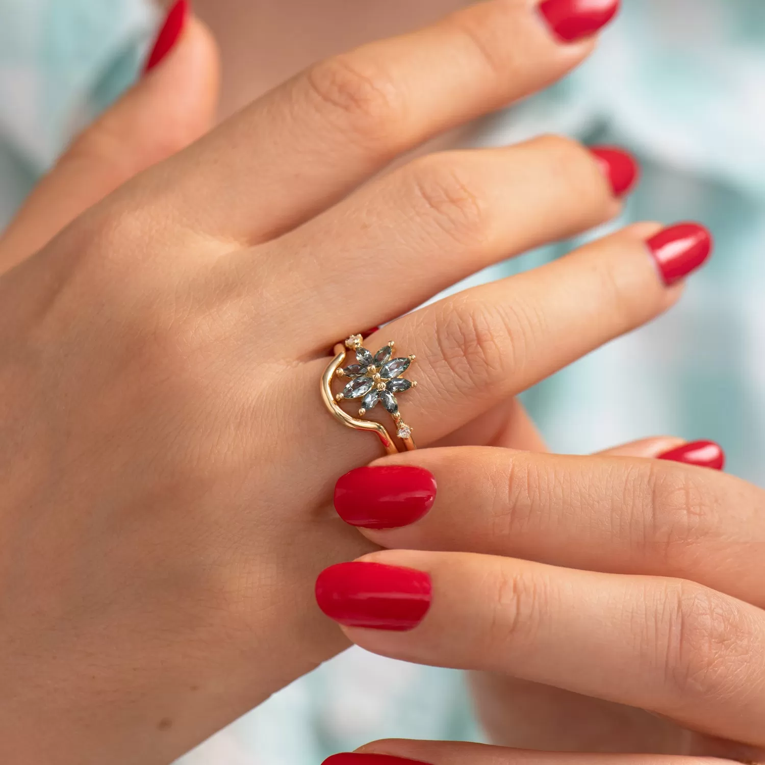 Bouquet Engagement Ring with Teal Sapphire and Diamond Petals