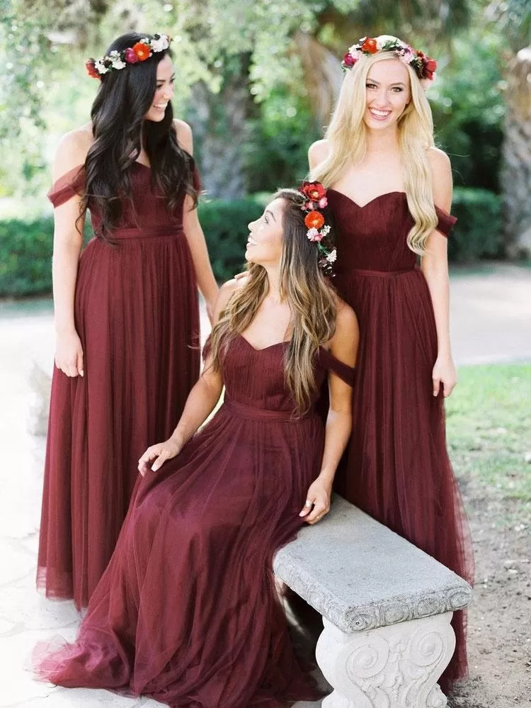 Burgundy Bridesmaid Dress Off The Shoulder Cheap Long Bridesmaid Dress #ER302