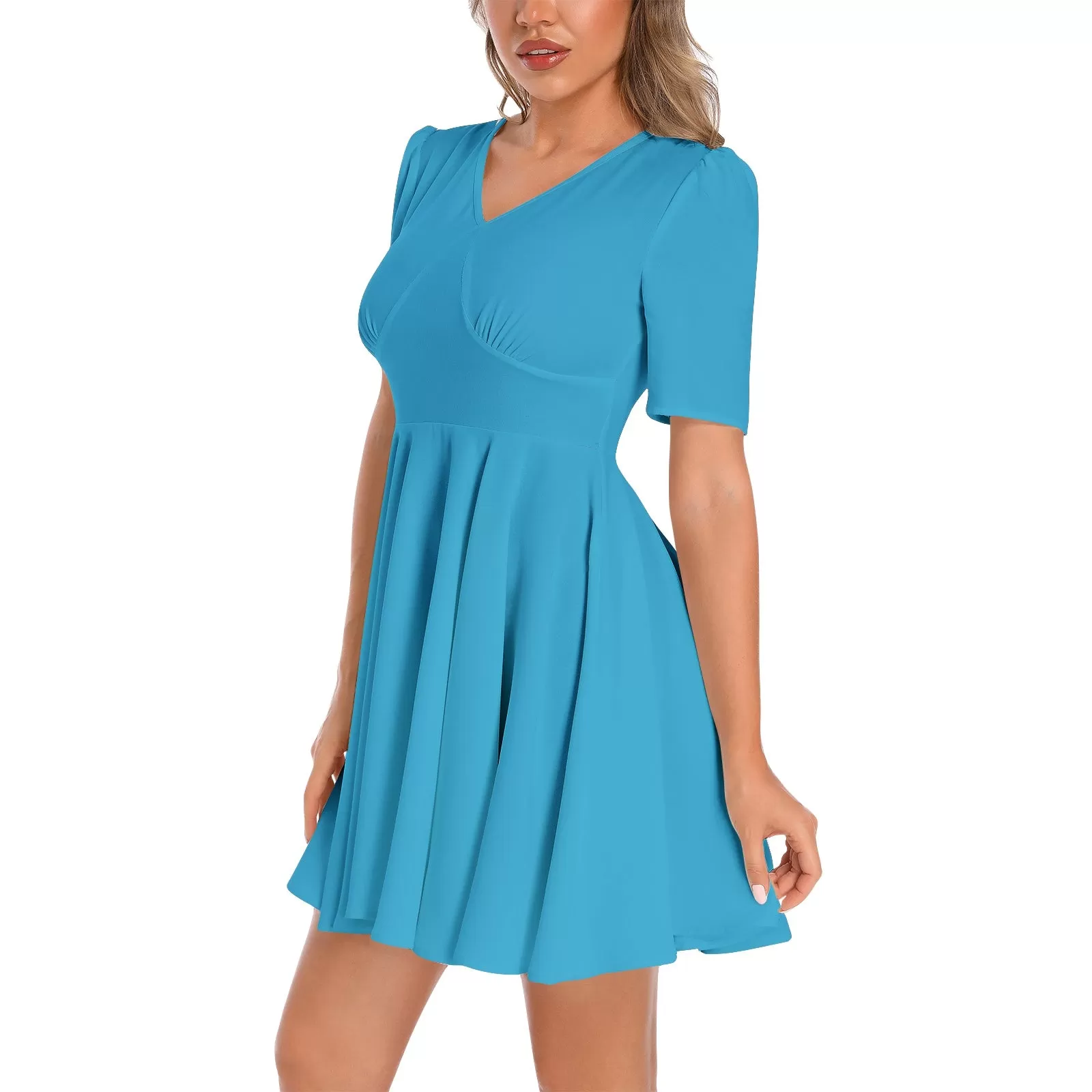 Capri Blue Short Sleeve Ruched Bust Flared Hem Dress