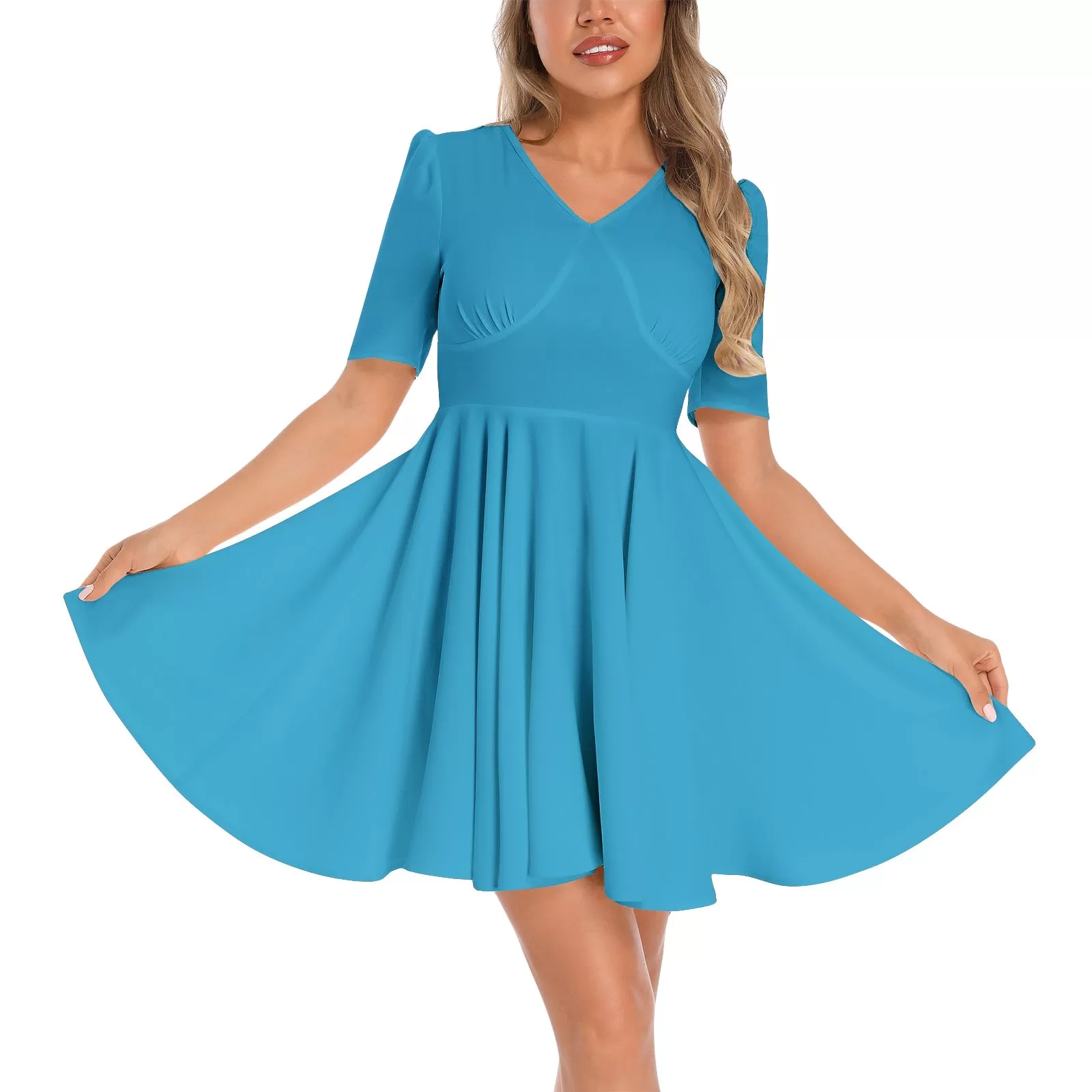 Capri Blue Short Sleeve Ruched Bust Flared Hem Dress