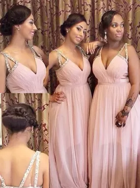 Charming Deep V-neck Spaghetti Straps Beading Bridesmaid Dress