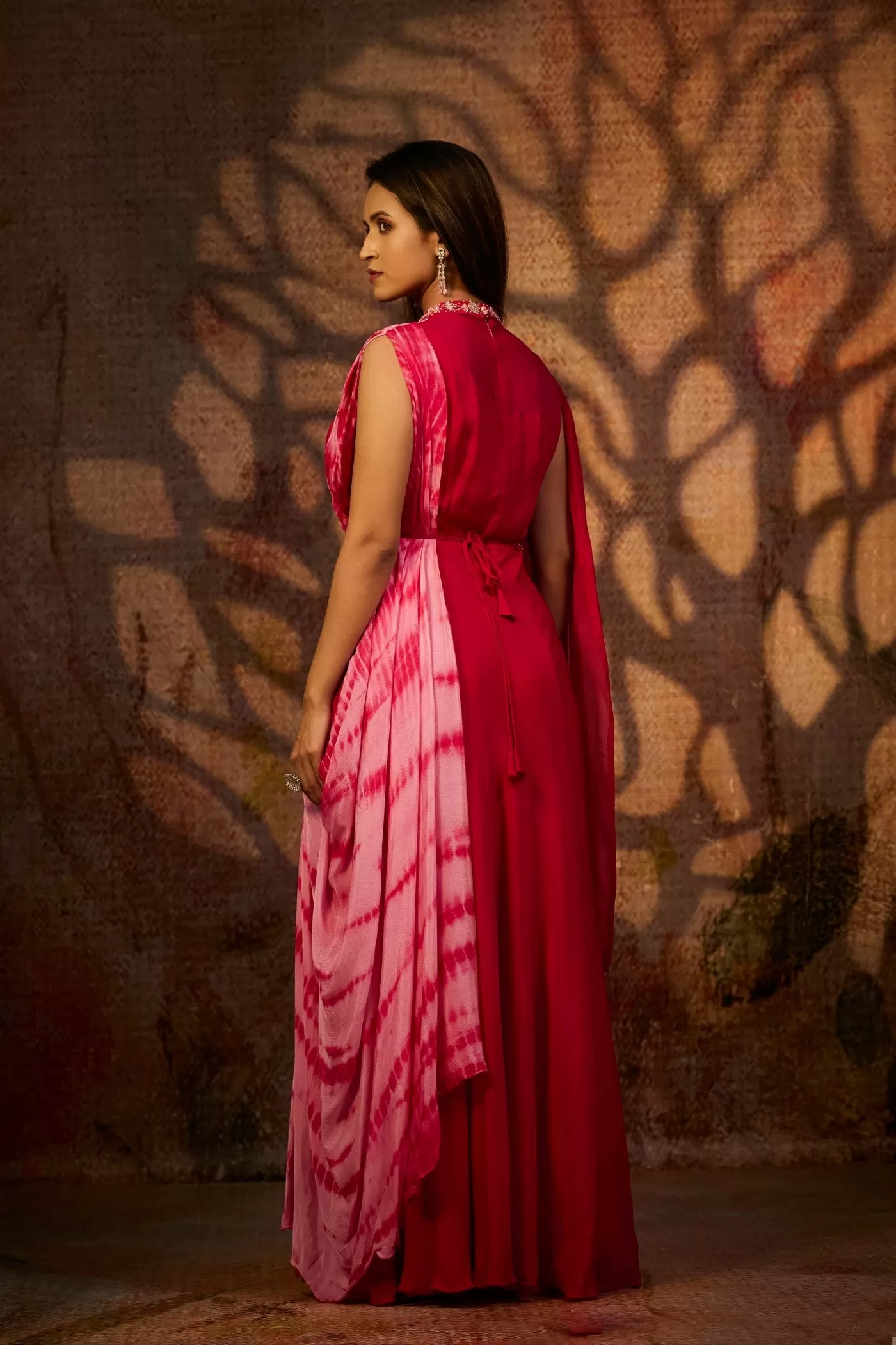 Cherry Red Hand Embroidered Crystal Georgette Flared Gown