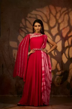 Cherry Red Hand Embroidered Crystal Georgette Flared Gown