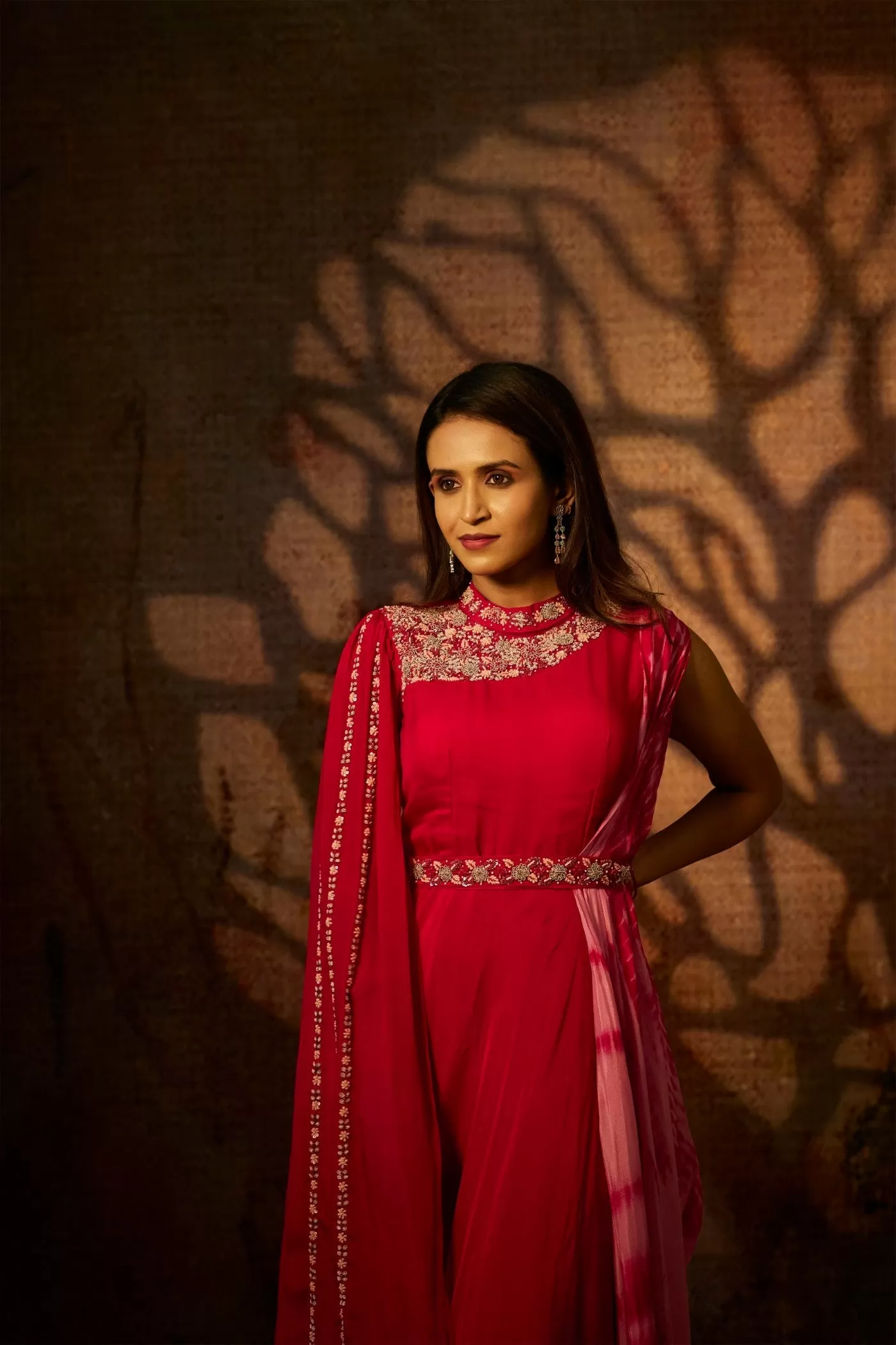 Cherry Red Hand Embroidered Crystal Georgette Flared Gown